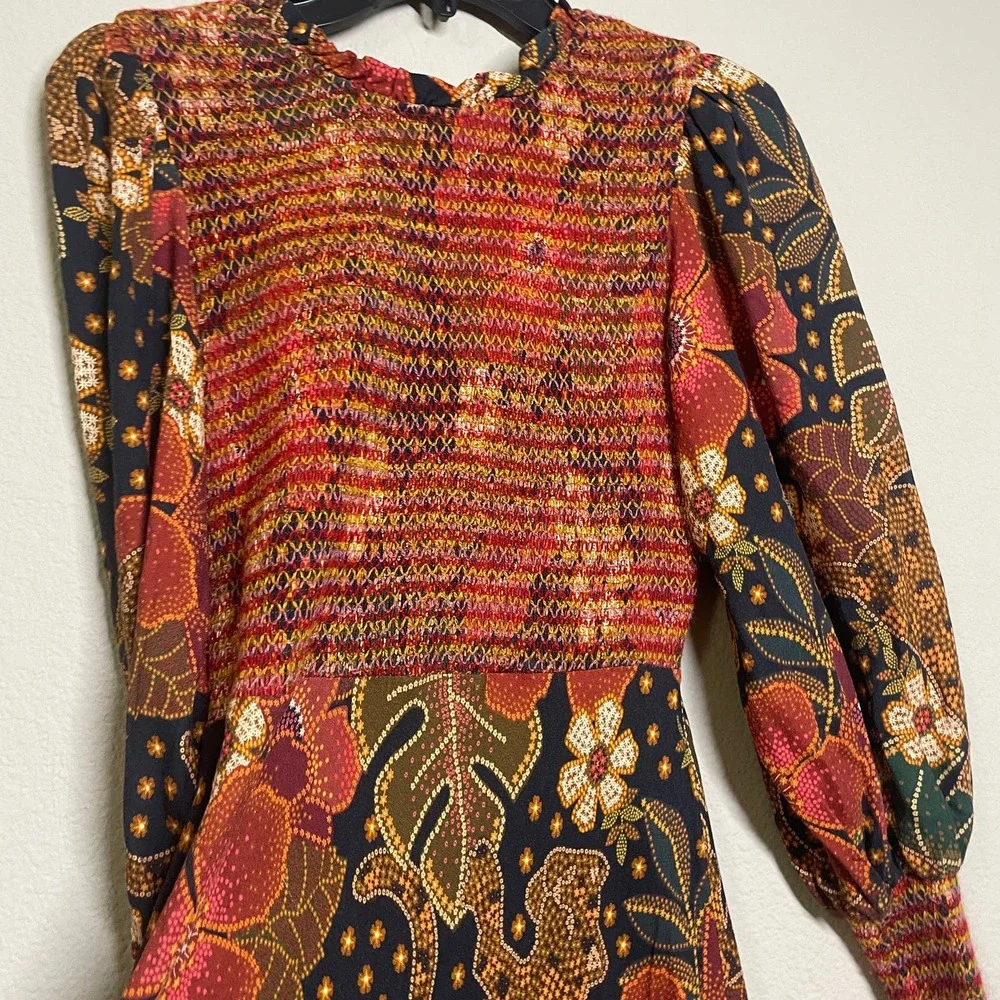 Farm Rio Medium Flowered Leopards Midi Dress Multicolored Mock Neck Long Sleeves - Picture 6 of 11